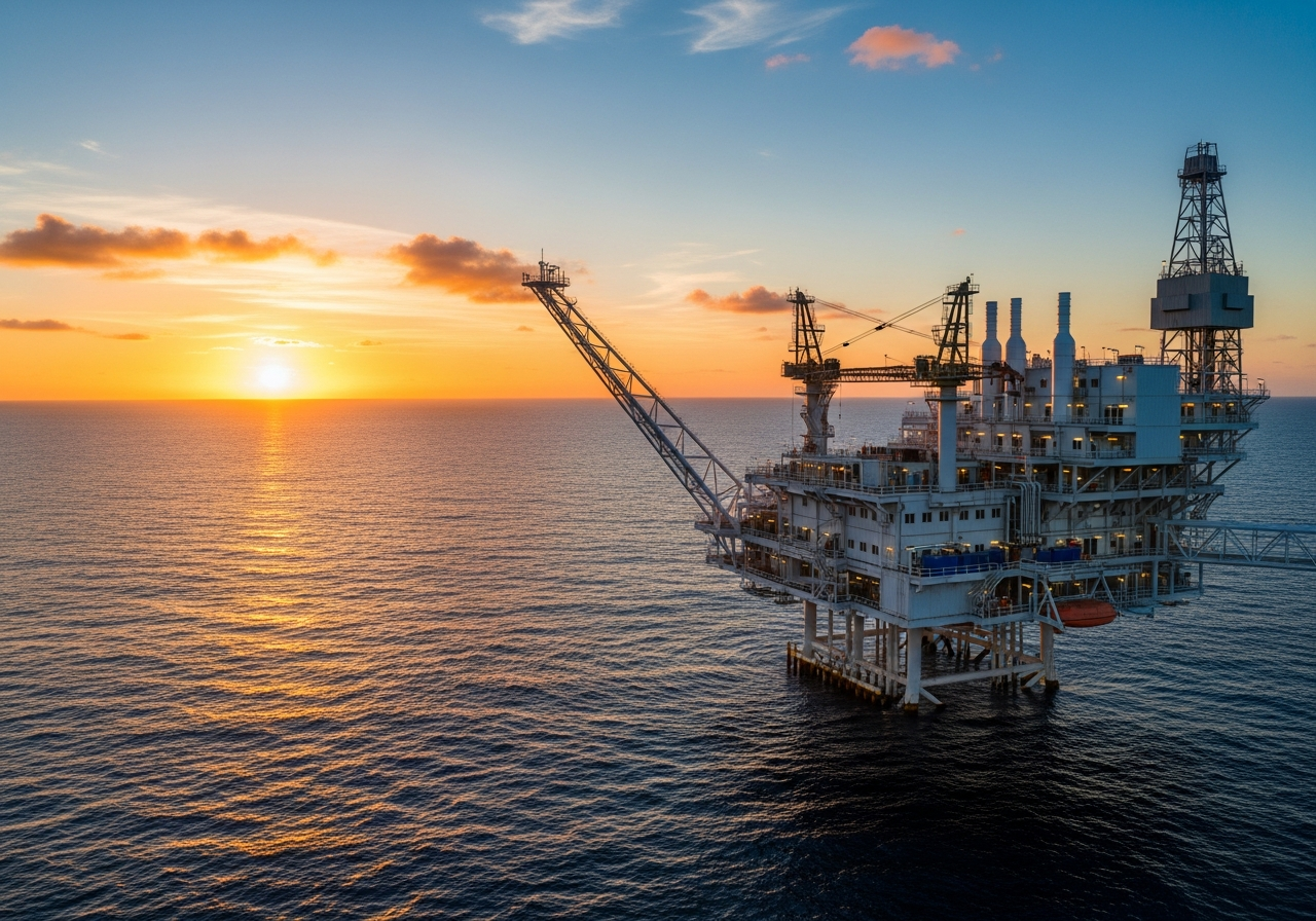 Offshore oil and gas platform at sunset
